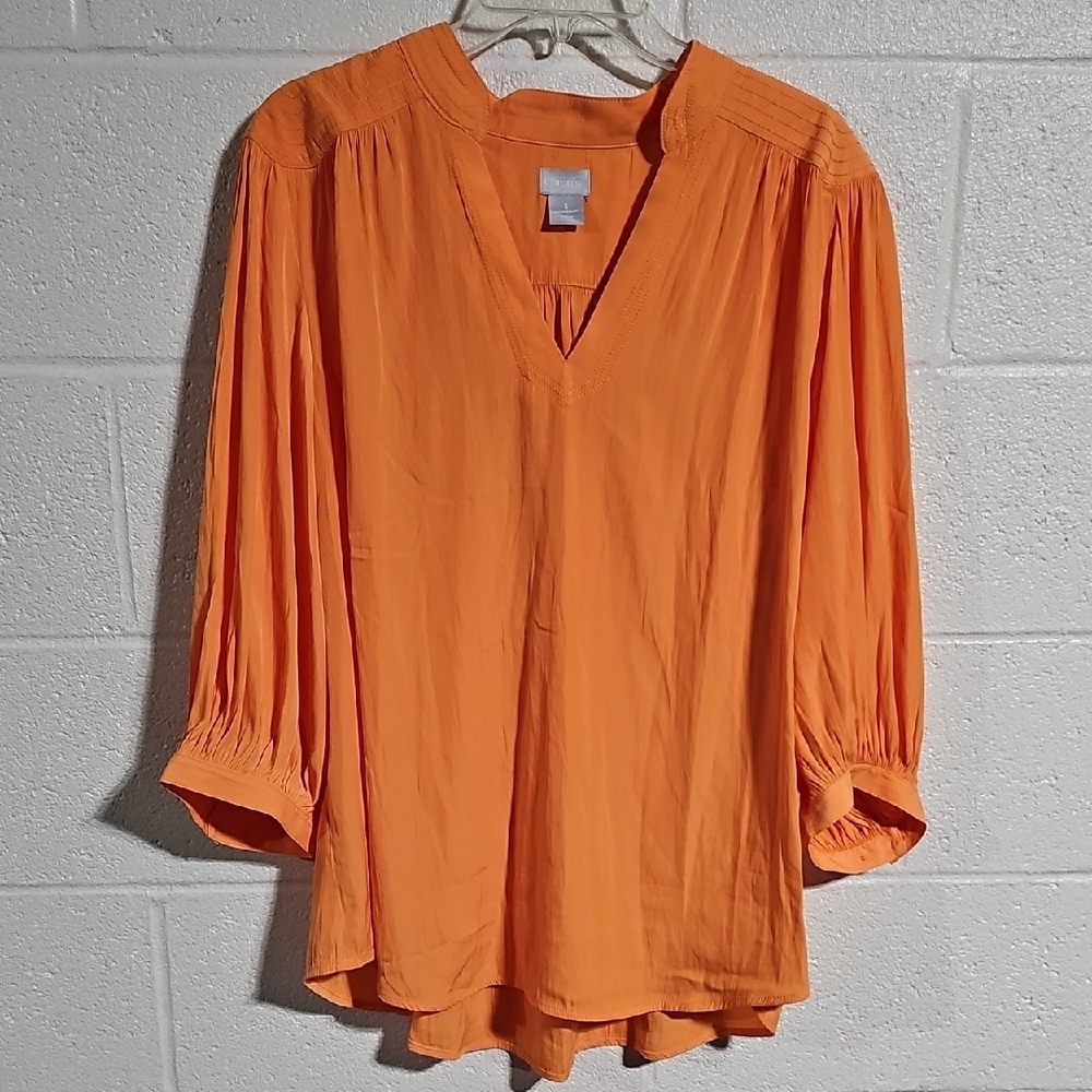 Chico's Orange Relaxed Pleated Mandarin Collar Top